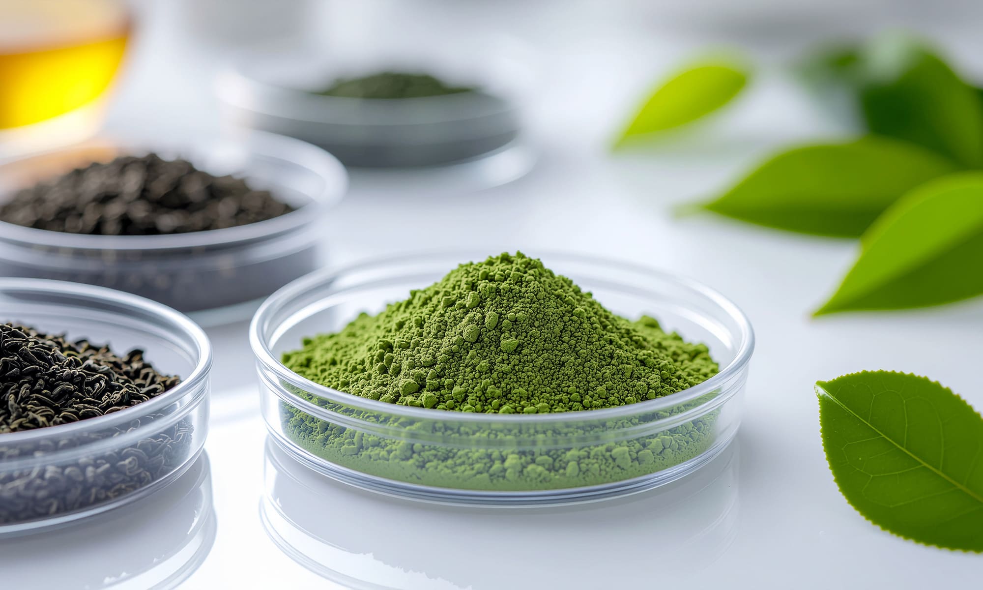 A close-up of Japanese green tea leaves and powder samples on a clean laboratory-style table, natural lighting, professional food inspection setting, realistic, no luxury elements
