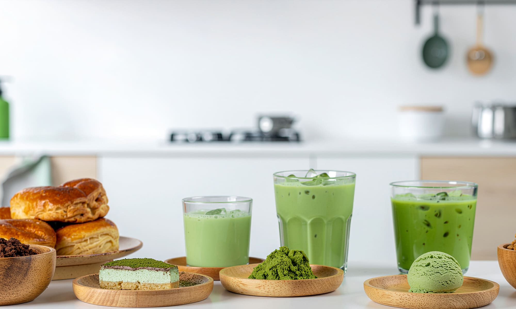 A variety of food and beverage products using Japanese green tea, such as matcha desserts, hojicha pastries, and tea-based drinks, clean presentation, realistic, B2B product development context
