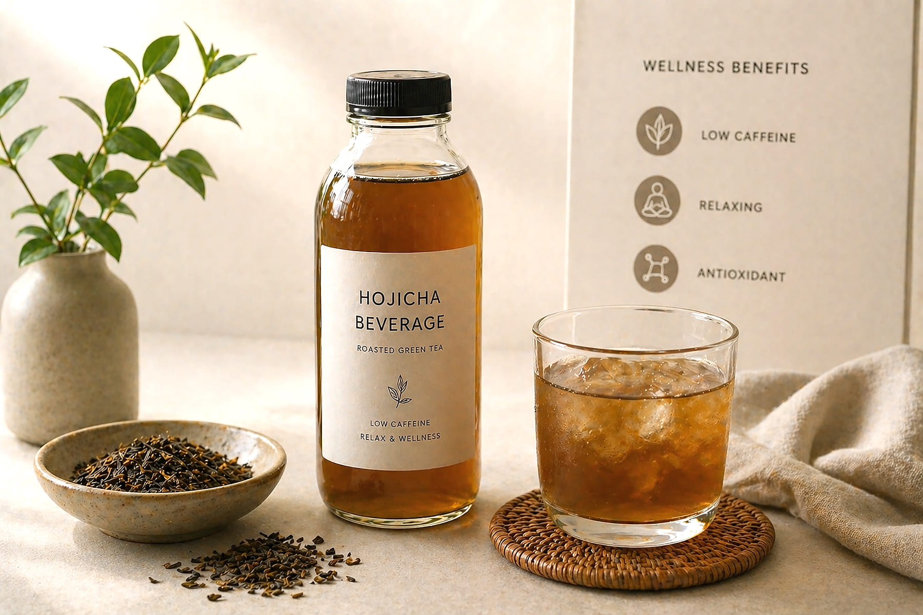 Hojicha beverage in a calm, relaxing setting with warm tones, minimal design, soft lighting, representing a low-caffeine and wellness-oriented drink, realistic, B2B context