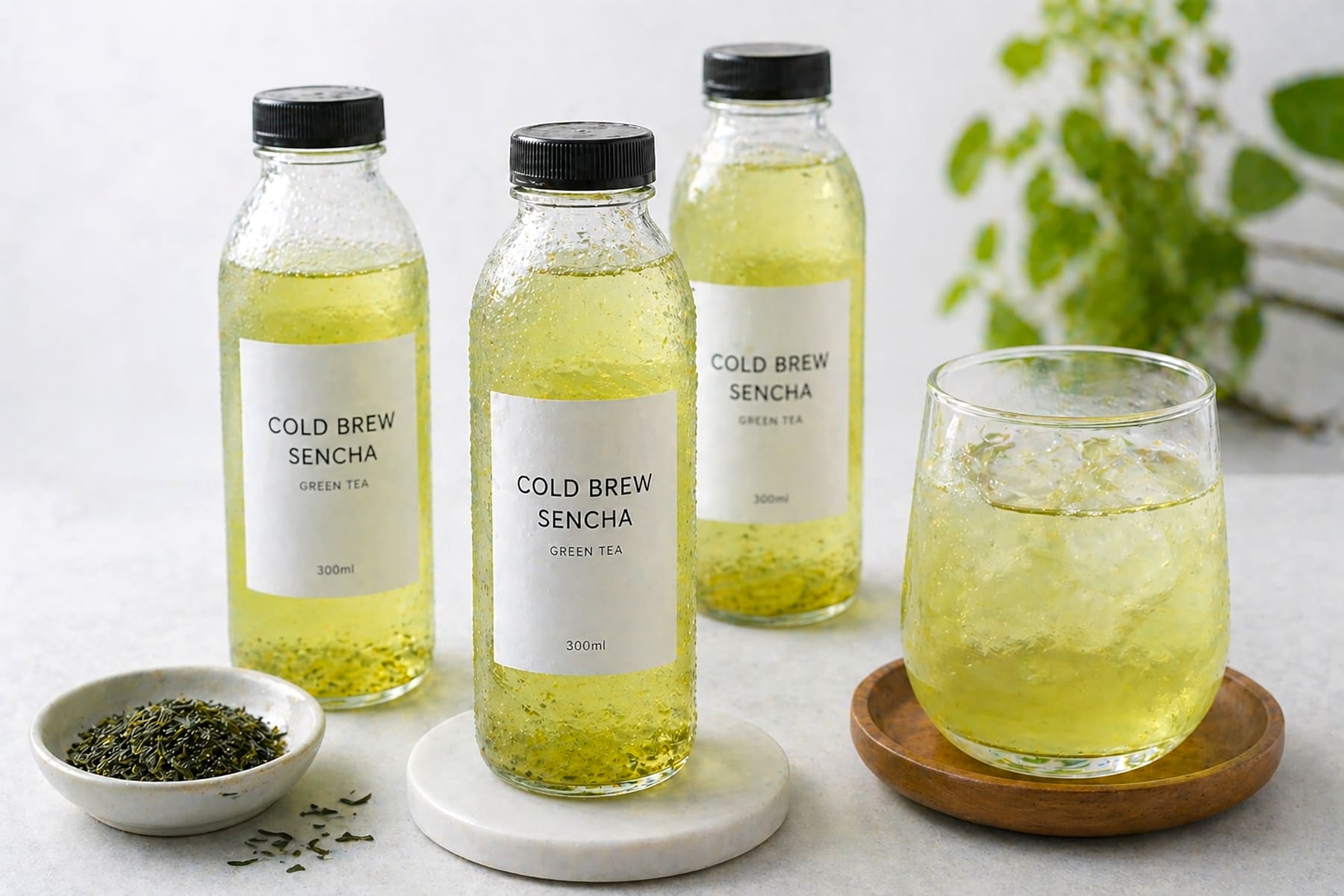 Cold brew sencha in transparent glass bottles with light green color, condensation on surface, refreshing visual, clean and minimal background, realistic beverage product setting
