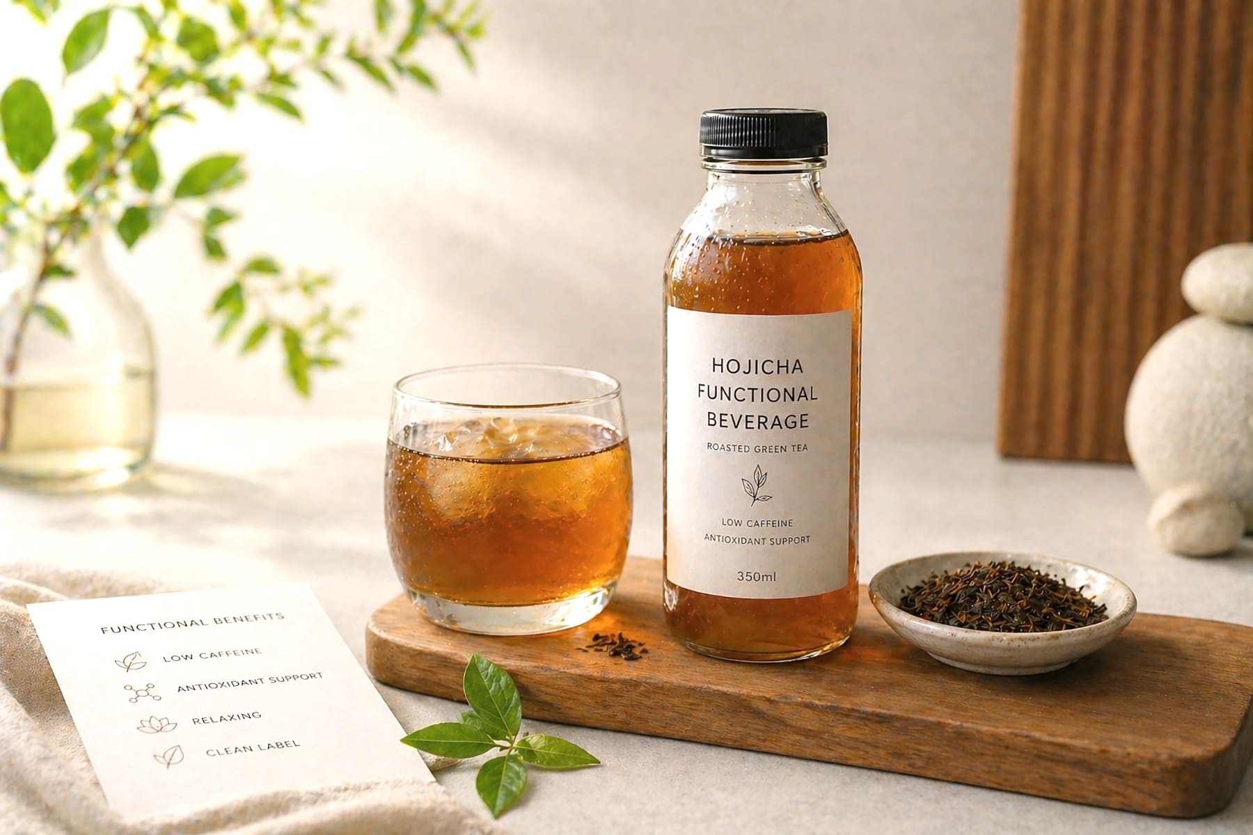 Minimalist hojicha beverage presentation with natural elements like wood and soft lighting, representing wellness and clean-label product concept, realistic, B2B beverage development setting