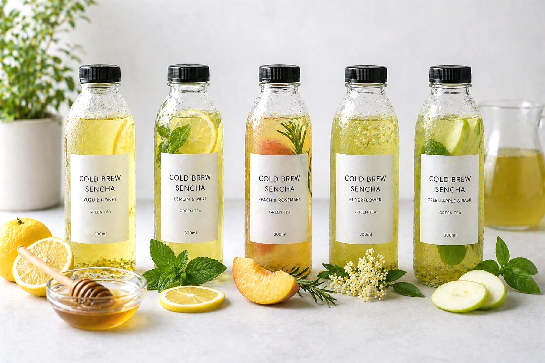 A variety of cold brew sencha beverages with different flavors such as citrus and herbal infusions, arranged in a clean product lineup, modern and realistic presentation, B2B beverage development context

