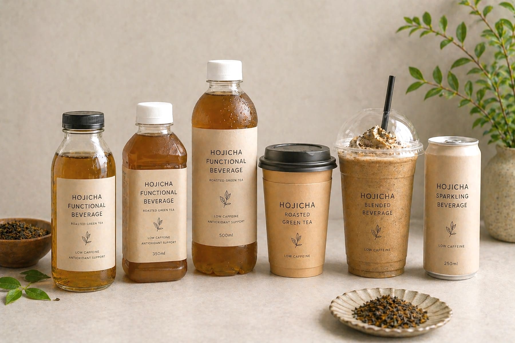 Modern beverage product lineup featuring hojicha drinks in different formats such as bottles, cups, and blended beverages, clean and professional presentation, realistic, B2B context