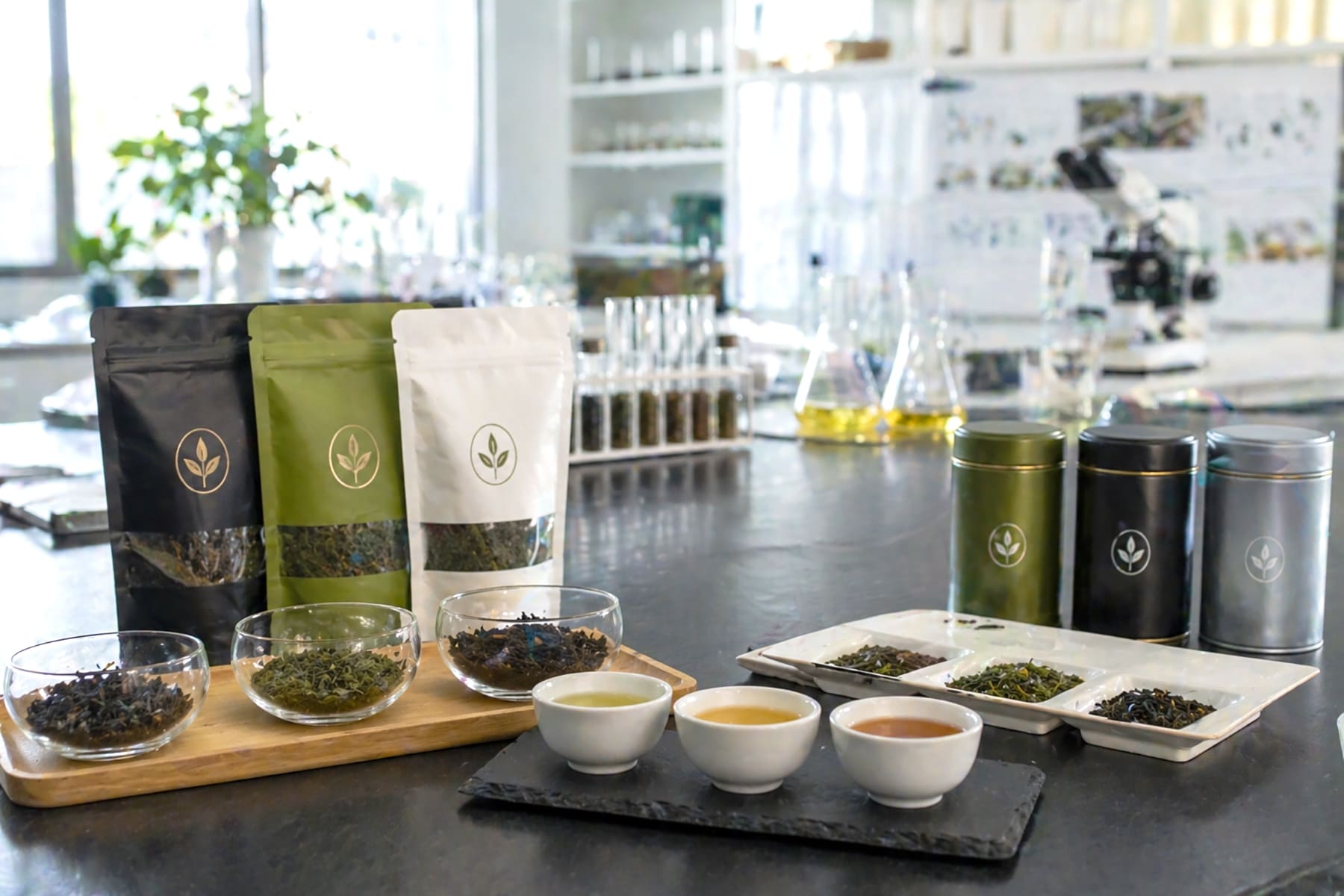 High-quality tea products displayed in a clean and modern product development setting, emphasizing premium quality and differentiation, realistic, B2B context