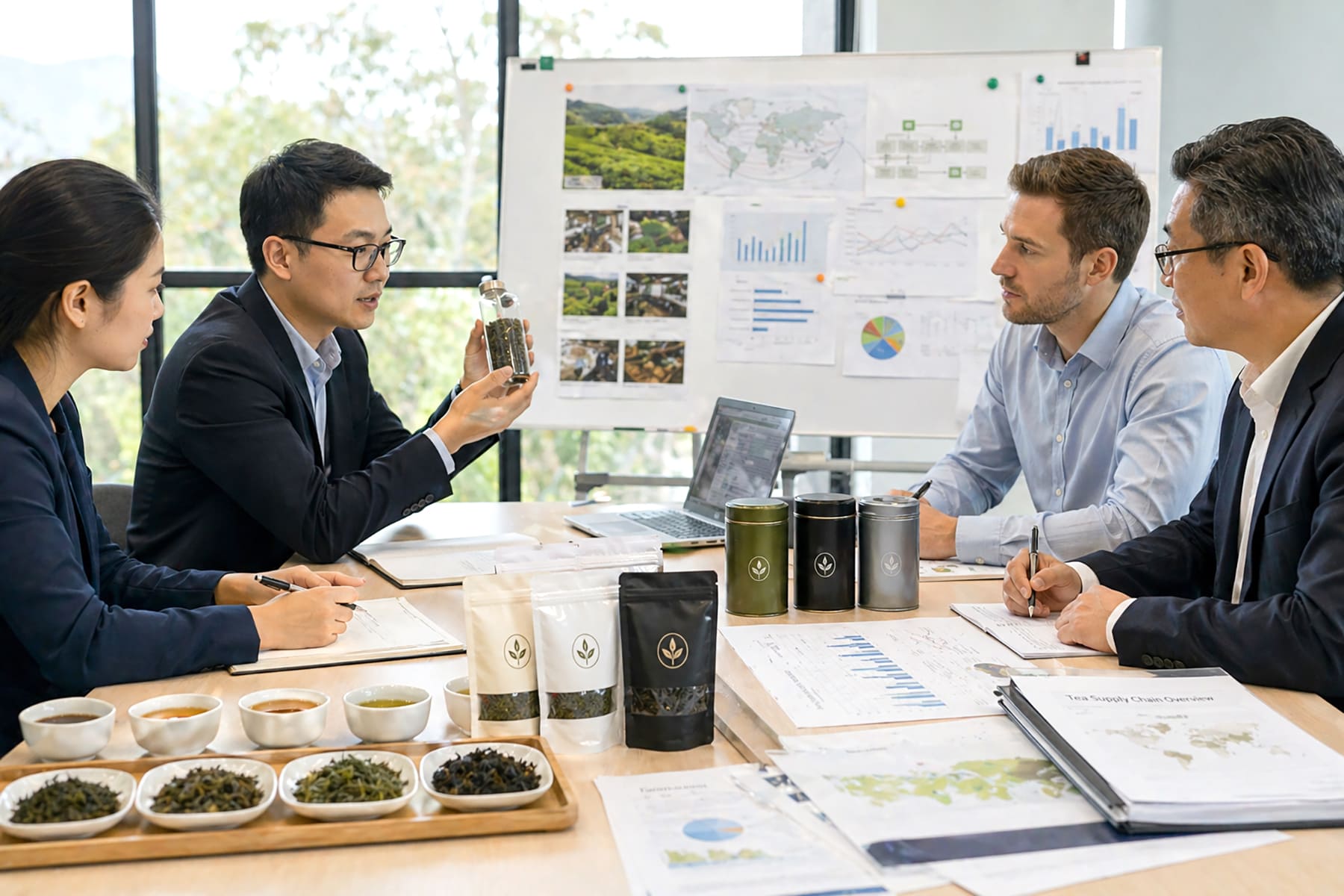 A professional B2B procurement and product development meeting focused on tea ingredients, with tea samples, supply chain documents, charts, and product prototypes on a clean table, modern office setting, realistic, analytical atmosphere, natural lighting, no luxury or ceremonial elements